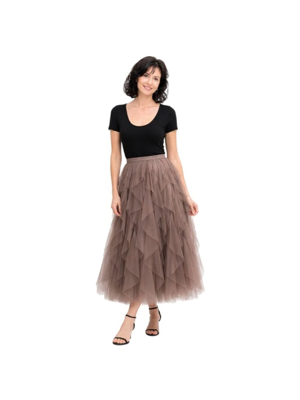 New Layered Taupe Tulle Maxi S/M Skirt With Elastic Waistband